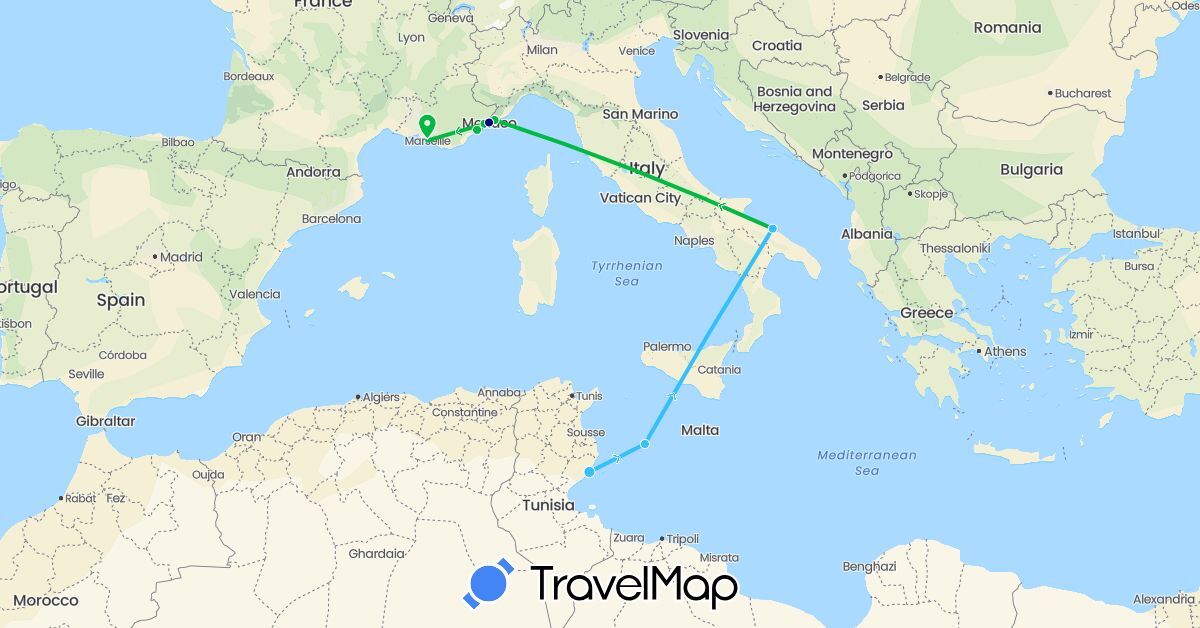 TravelMap itinerary: driving, bus, boat in France, Italy, Monaco, Tunisia (Africa, Europe)